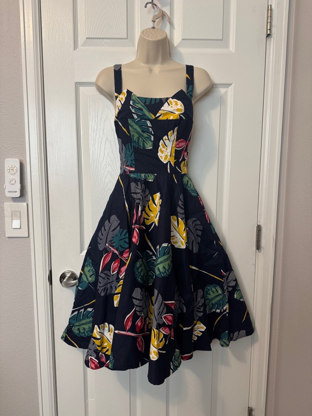 Tropical Fit-and-Flare Sundress in Navy with Multicolor Leaves! NWT